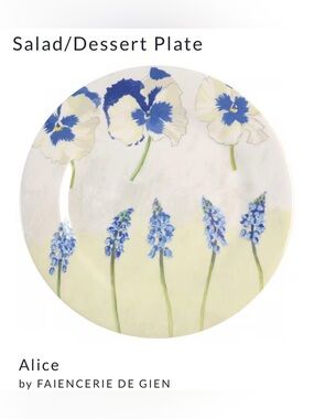 RARE Gien France Alice blue floral snowdrop flowers salad dessert plate set of 2